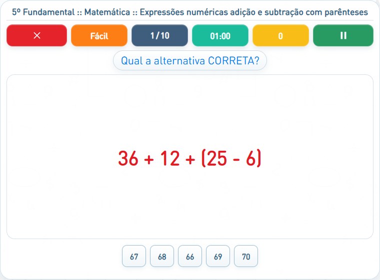 Captura de uma partida de Expressões numéricas adição e subtração com parênteses, com as áreas numeradas e explicadas a seguir.