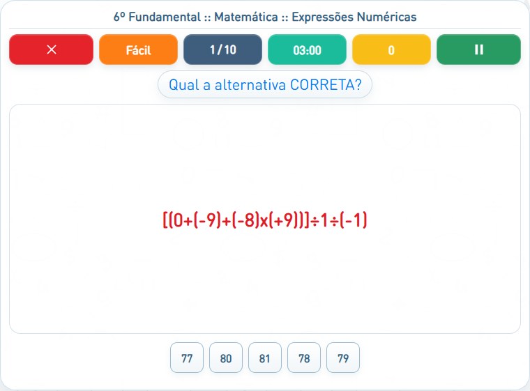 Captura de uma partida de Expressões Numéricas, com as áreas numeradas e explicadas a seguir.