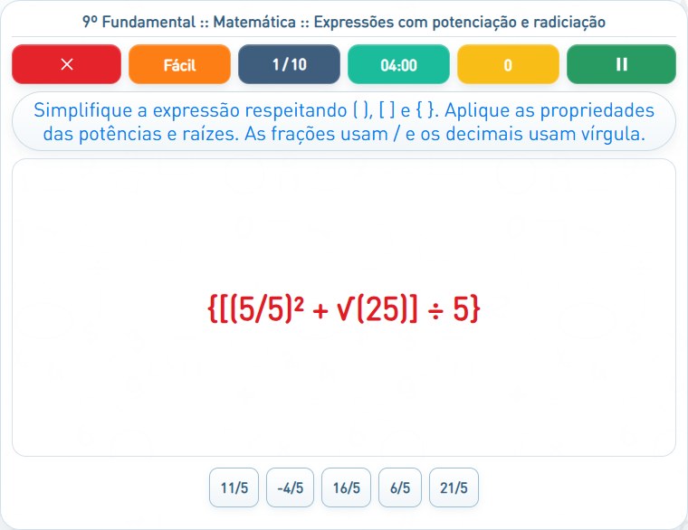 Captura de uma partida de Expressões com potenciação e radiciação, com as áreas numeradas e explicadas a seguir.