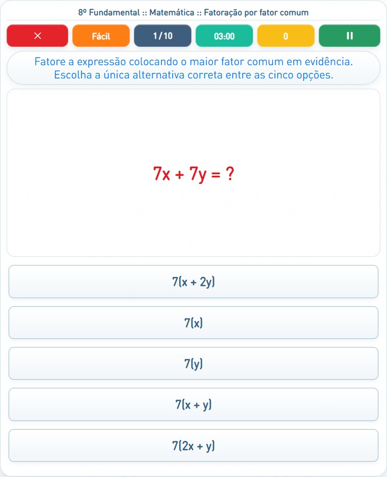 Captura de uma partida de Fatoração por fator comum, com as áreas numeradas e explicadas a seguir.