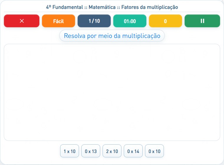 Captura de uma partida de Fatores da multiplicação, com as áreas numeradas e explicadas a seguir.