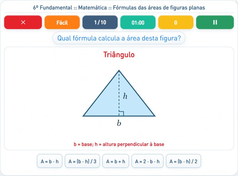 Captura de uma partida de Fórmulas das áreas de figuras planas, com as áreas numeradas e explicadas a seguir.