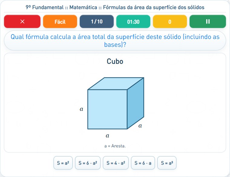 Captura de uma partida de Fórmulas da área da superfície dos sólidos, com as áreas numeradas e explicadas a seguir.