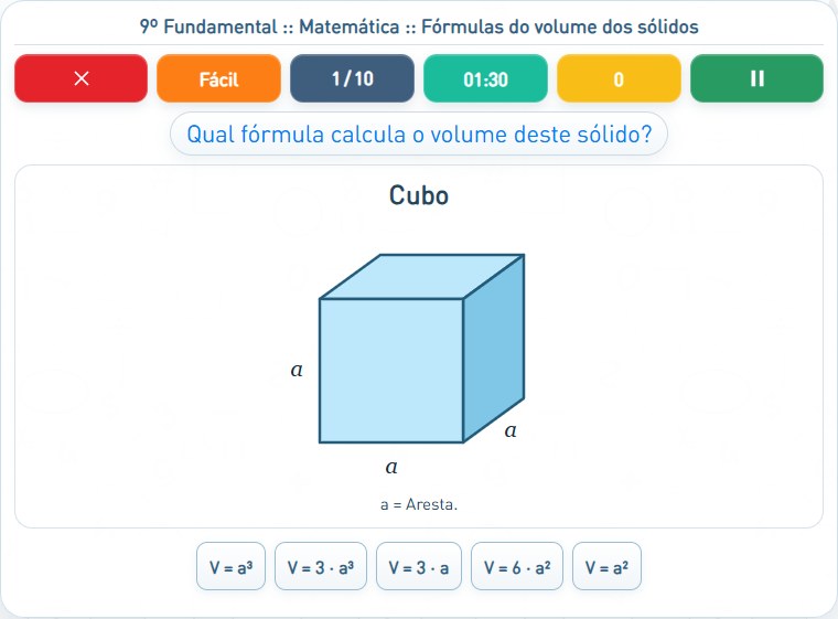 Captura de uma partida de Fórmulas do volume dos sólidos, com as áreas numeradas e explicadas a seguir.