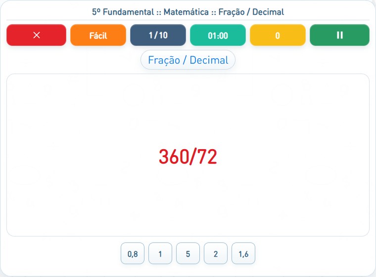 Captura de uma partida de Fração / Decimal, com as áreas numeradas e explicadas a seguir.