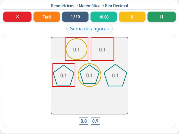 Captura de uma partida de Geo Decimal, com as áreas numeradas e explicadas a seguir.