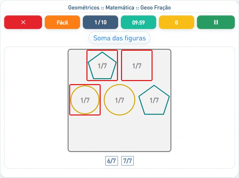 Captura de uma partida de Geoo Fração, com as áreas numeradas e explicadas a seguir.