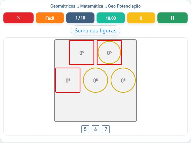 Captura de uma partida de Geo Potenciação, com as áreas numeradas e explicadas a seguir.