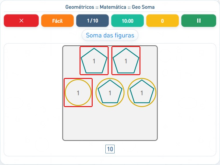 Captura de uma partida de Geo Soma, com as áreas numeradas e explicadas a seguir.