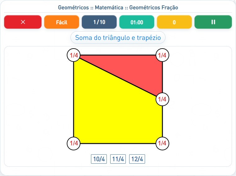 Captura de uma partida de Geométricos Fração, com as áreas numeradas e explicadas a seguir.