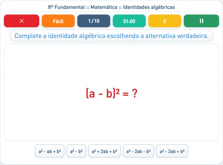 Captura de uma partida de Identidades algébricas, com as áreas numeradas e explicadas a seguir.