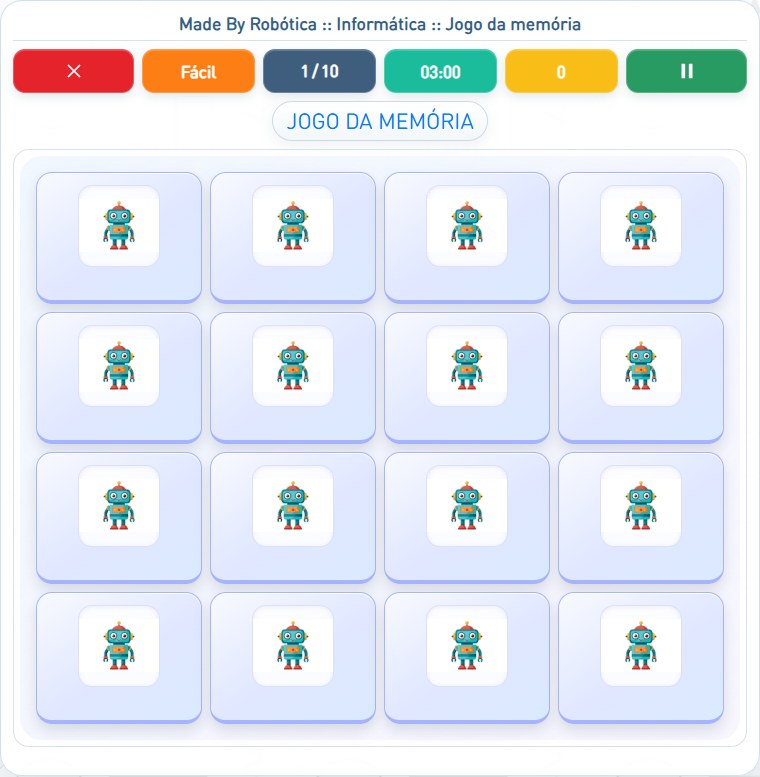 Captura de uma partida de Jogo da memória, com as áreas numeradas e explicadas a seguir.