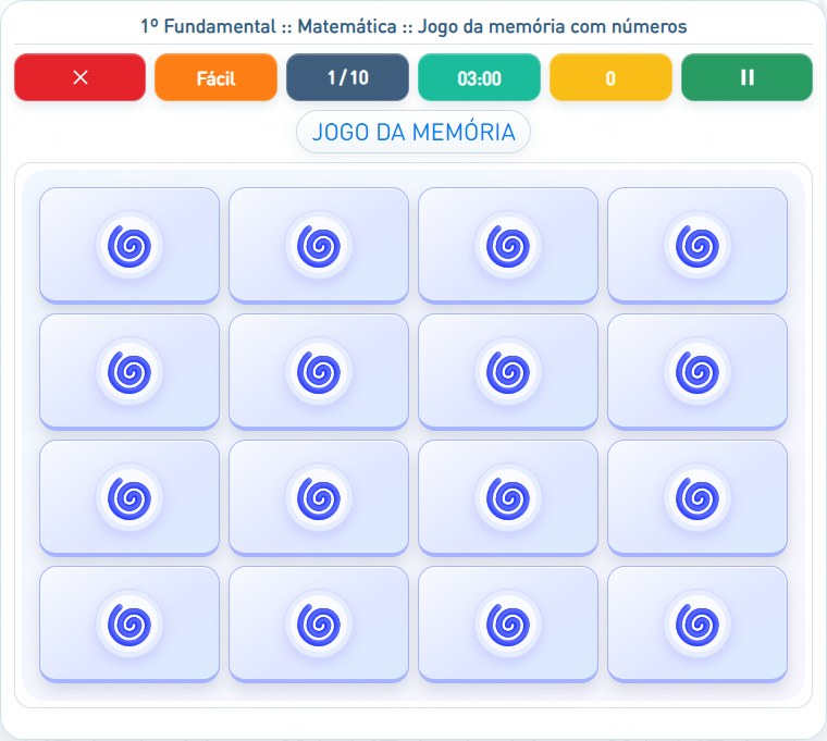 Captura de uma partida de Jogo da memória com números, com as áreas numeradas e explicadas a seguir.