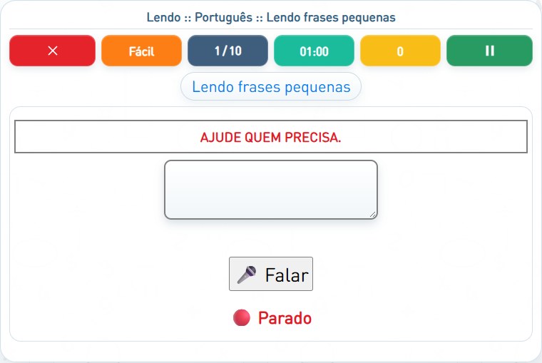 Captura de uma partida de Lendo frases pequenas, com as áreas numeradas e explicadas a seguir.