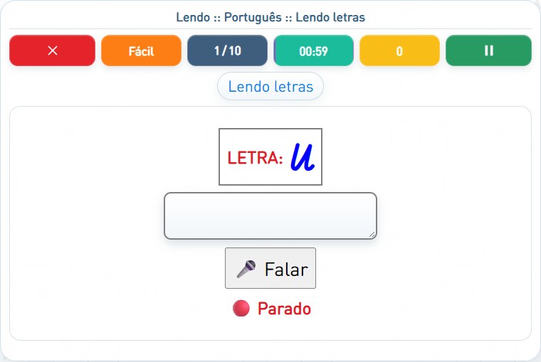 Captura de uma partida de Lendo letras, com as áreas numeradas e explicadas a seguir.