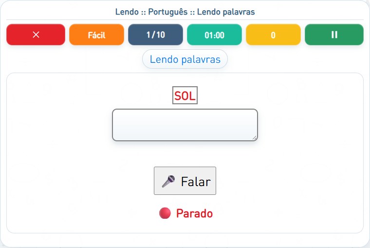 Captura de uma partida de Lendo palavras, com as áreas numeradas e explicadas a seguir.