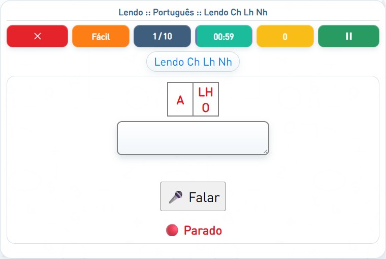 Captura de uma partida de Lendo Ch Lh Nh, com as áreas numeradas e explicadas a seguir.