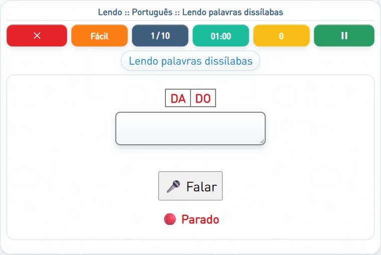 Captura de uma partida de Lendo palavras dissílabas, com as áreas numeradas e explicadas a seguir.