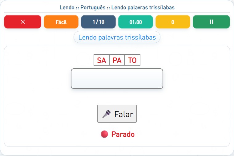 Captura de uma partida de Lendo palavras trissílabas, com as áreas numeradas e explicadas a seguir.