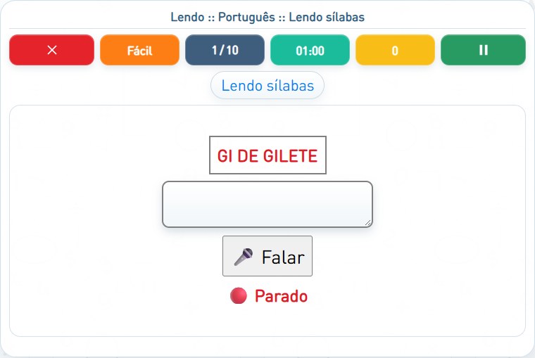 Captura de uma partida de Lendo sílabas, com as áreas numeradas e explicadas a seguir.