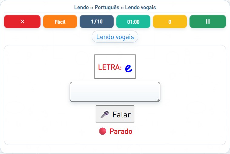 Captura de uma partida de Lendo vogais, com as áreas numeradas e explicadas a seguir.