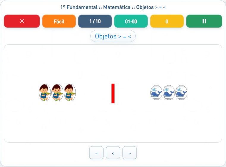 Captura de uma partida de Objetos > = <, com as áreas numeradas e explicadas a seguir.