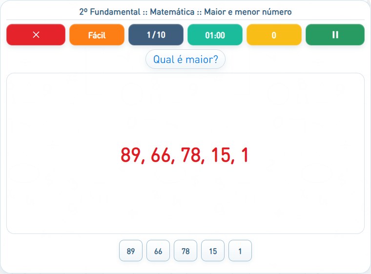 Captura de uma partida de Maior e menor número, com as áreas numeradas e explicadas a seguir.