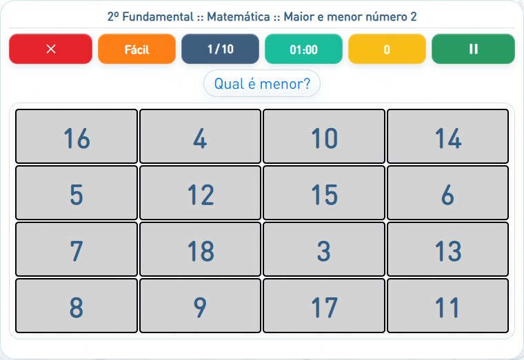 Captura de uma partida de Maior e menor número 2, com as áreas numeradas e explicadas a seguir.