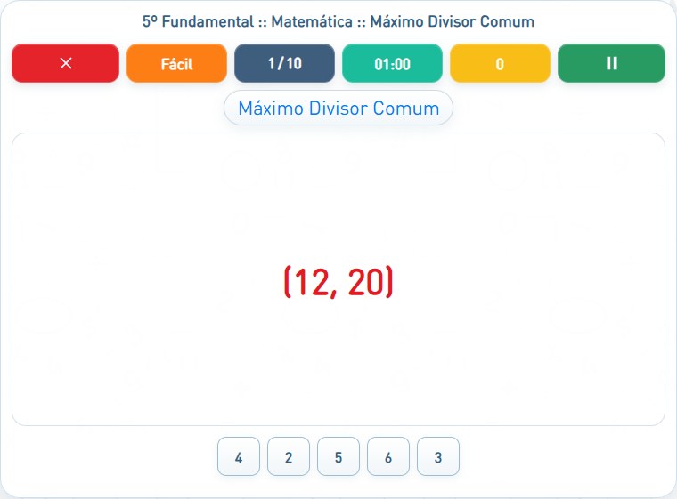 Captura de uma partida de Máximo Divisor Comum, com as áreas numeradas e explicadas a seguir.