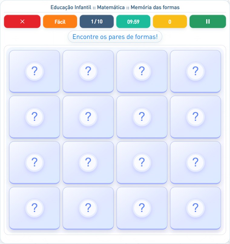 Captura de uma partida de Memória das formas, com as áreas numeradas e explicadas a seguir.