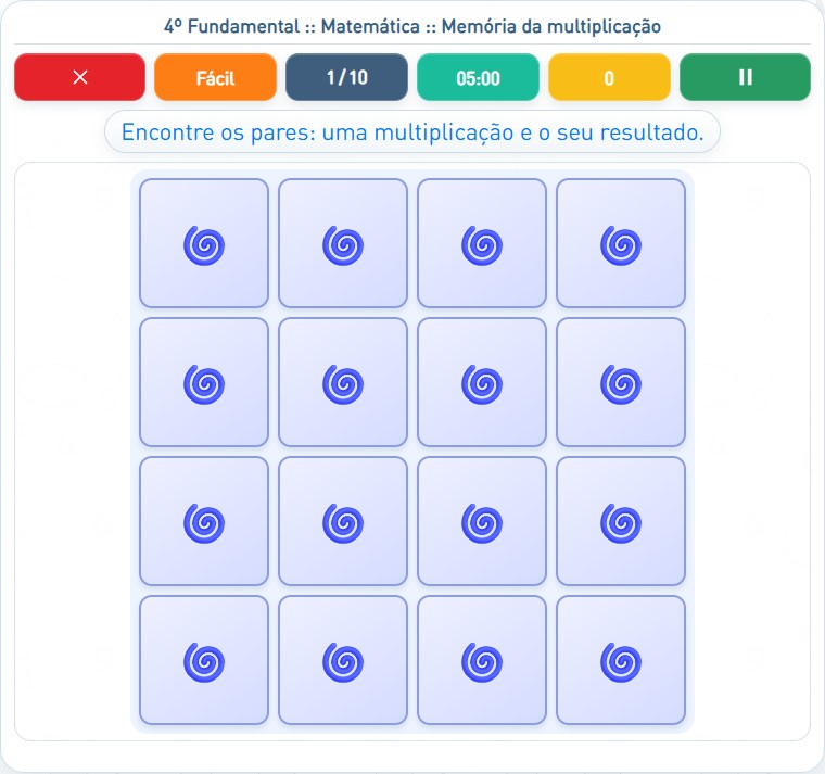 Captura de uma partida de Memória da multiplicação, com as áreas numeradas e explicadas a seguir.
