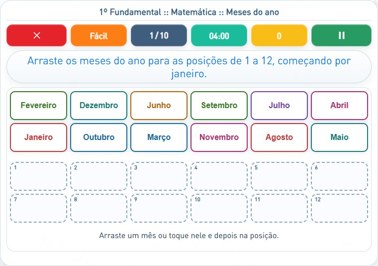 Captura de uma partida de Meses do ano, com as áreas numeradas e explicadas a seguir.