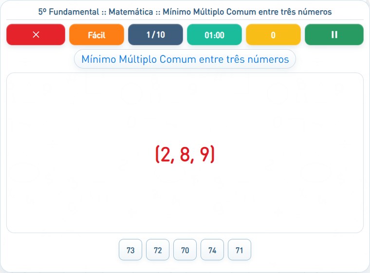 Captura de uma partida de Mínimo Múltiplo Comum entre três números, com as áreas numeradas e explicadas a seguir.