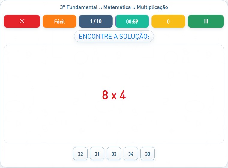 Captura de uma partida de Multiplicação, com as áreas numeradas e explicadas a seguir.