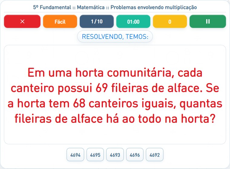 Captura de uma partida de Problemas envolvendo multiplicação, com as áreas numeradas e explicadas a seguir.