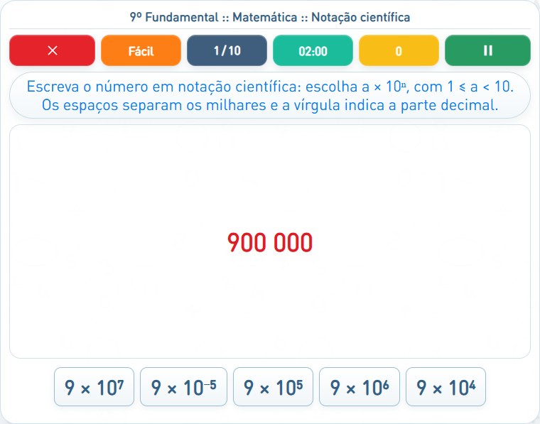 Captura de uma partida de Notação científica, com as áreas numeradas e explicadas a seguir.