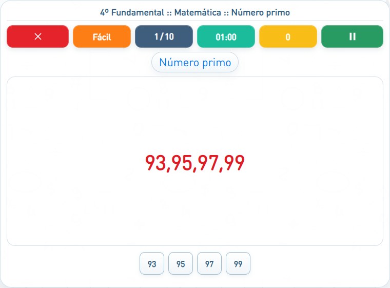 Captura de uma partida de Número primo, com as áreas numeradas e explicadas a seguir.