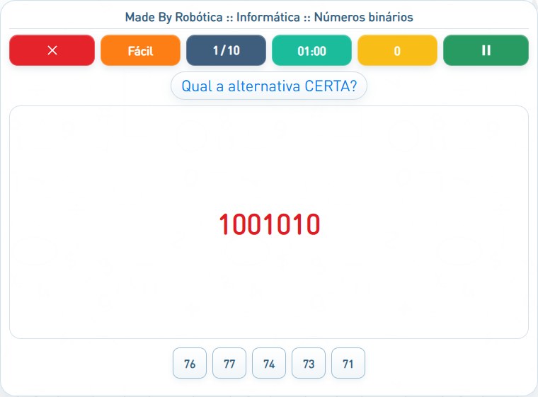 Captura de uma partida de Números binários, com as áreas numeradas e explicadas a seguir.