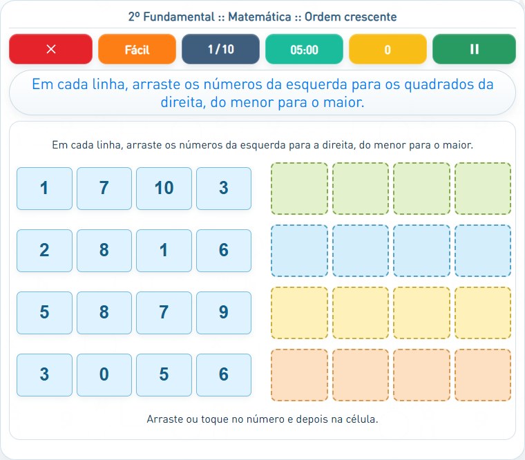 Captura de uma partida de Ordem crescente, com as áreas numeradas e explicadas a seguir.