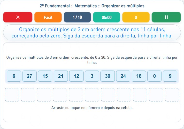 Captura de uma partida de Organizar os múltiplos, com as áreas numeradas e explicadas a seguir.