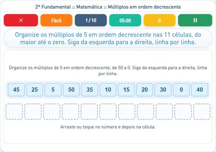 Captura de uma partida de Múltiplos em ordem decrescente, com as áreas numeradas e explicadas a seguir.
