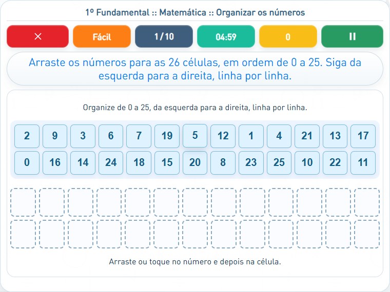 Captura de uma partida de Organizar os números, com as áreas numeradas e explicadas a seguir.