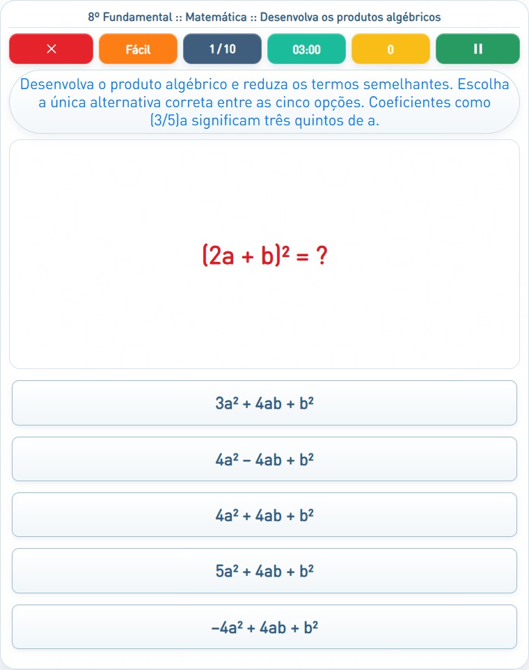 Captura de uma partida de Desenvolva os produtos algébricos, com as áreas numeradas e explicadas a seguir.