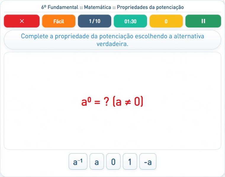 Captura de uma partida de Propriedades da potenciação, com as áreas numeradas e explicadas a seguir.