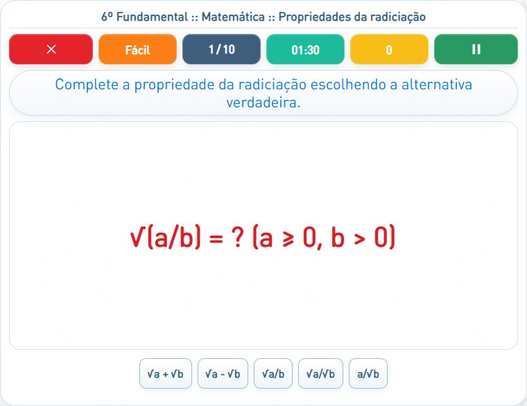 Captura de uma partida de Propriedades da radiciação, com as áreas numeradas e explicadas a seguir.