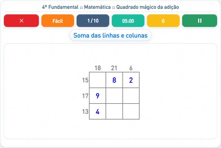 Captura de uma partida de Quadrado mágico da adição, com as áreas numeradas e explicadas a seguir.