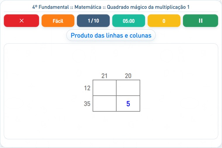 Captura de uma partida de Quadrado mágico da multiplicação 1, com as áreas numeradas e explicadas a seguir.