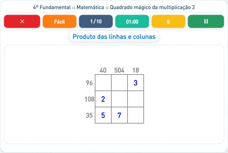 Captura de uma partida de Quadrado mágico da multiplicação 2, com as áreas numeradas e explicadas a seguir.