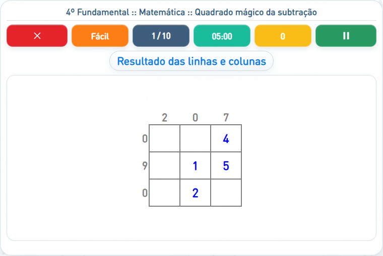 Captura de uma partida de Quadrado mágico da subtração, com as áreas numeradas e explicadas a seguir.