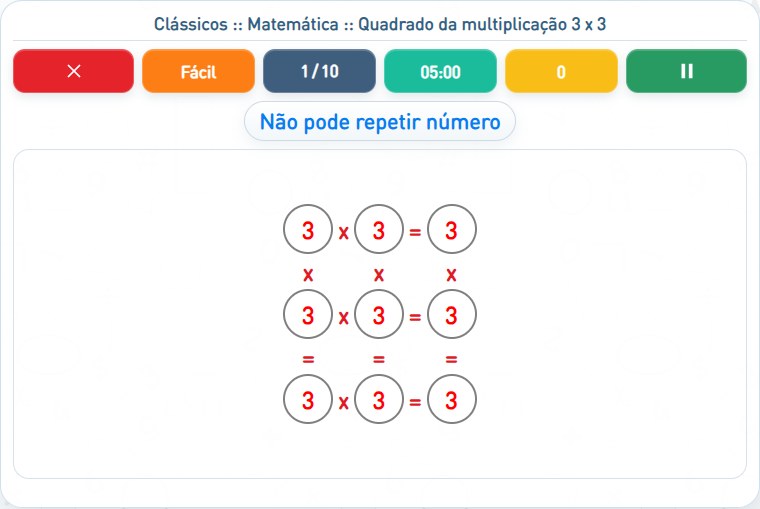 Captura de uma partida de Quadrado da multiplicação 3 x 3, com as áreas numeradas e explicadas a seguir.